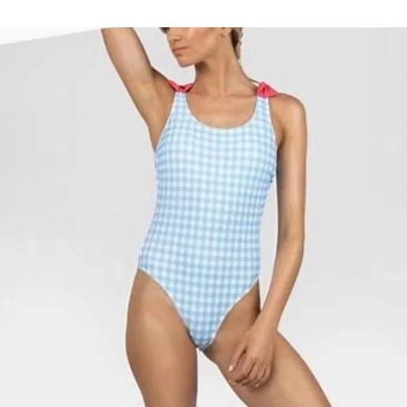 Blue gingham swimsuit shop